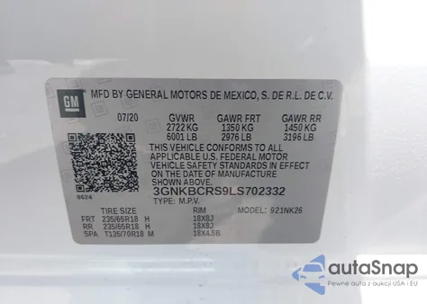 2020 Chevrolet Blazer Fwd 2Lt z USA, uszkodzony, nr VIN 3GNKBCRS9LS702332